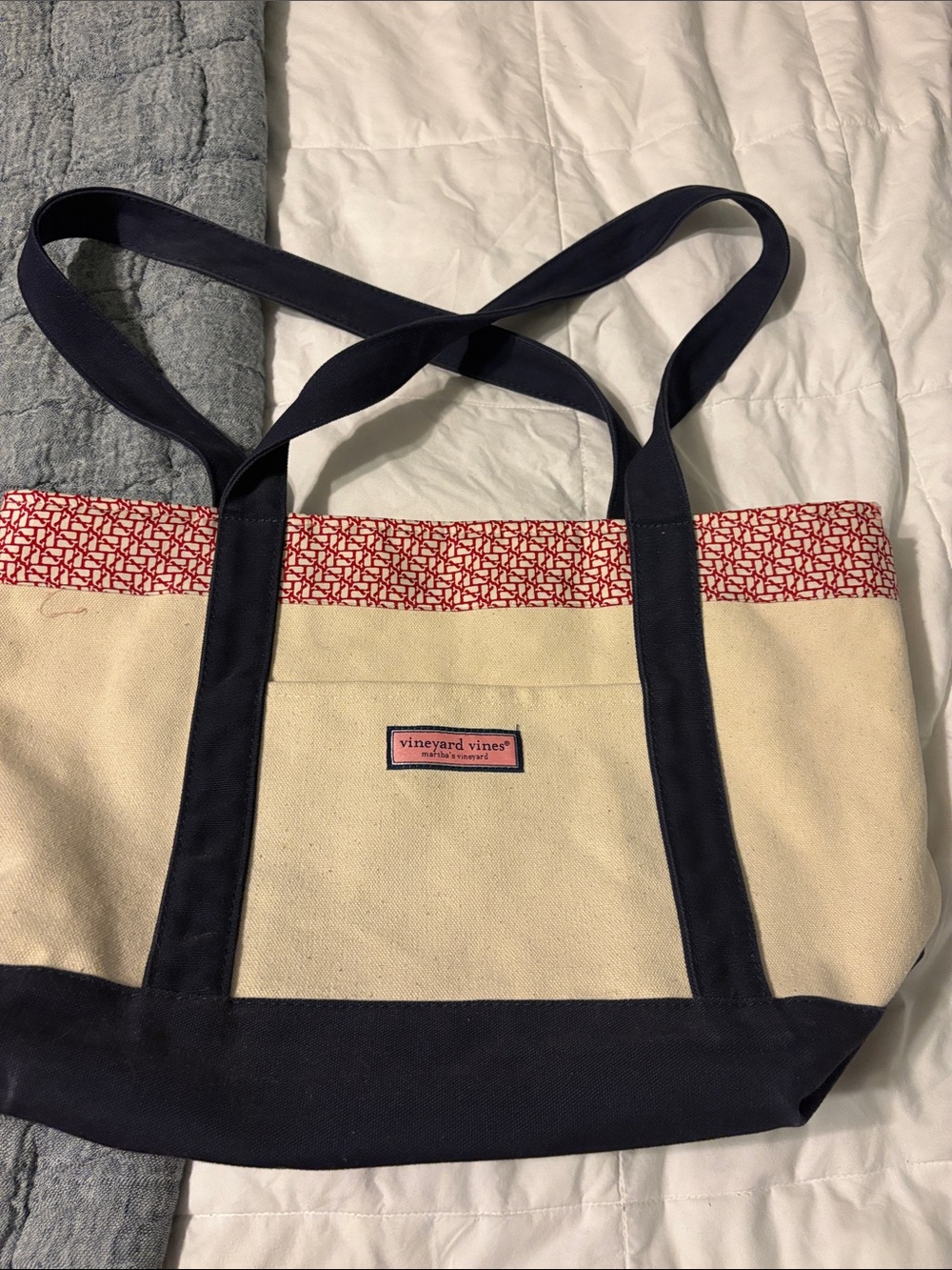 Vineyard Vines Cream Canvas Tote with Navy Straps & Red Trim